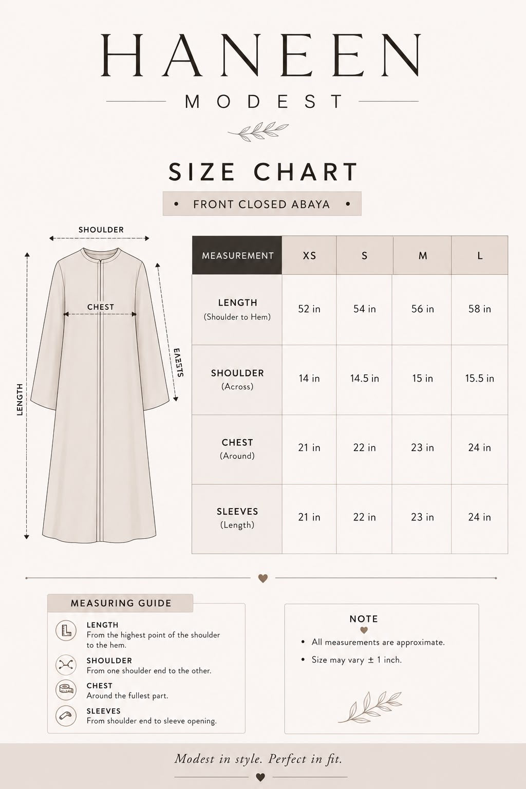 A size chart graphic for the Haneen Modest brand, showing a front-closed abaya with a measurement guide and a size table listing measurements for XS, S, M, and L.